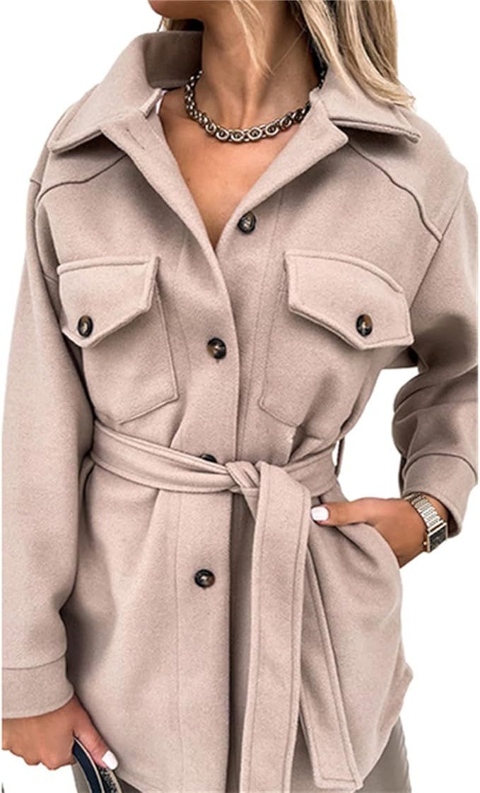 Single Breated Mid Length Jacket Coat for Women Classic Wool Pea Button Down Winter Autumn Shacke... | Amazon (US)