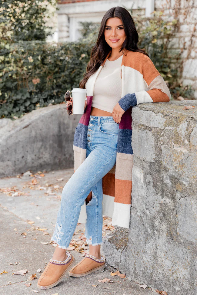 I'll Be Here Camel Multi Color Block Long Cardigan | Pink Lily