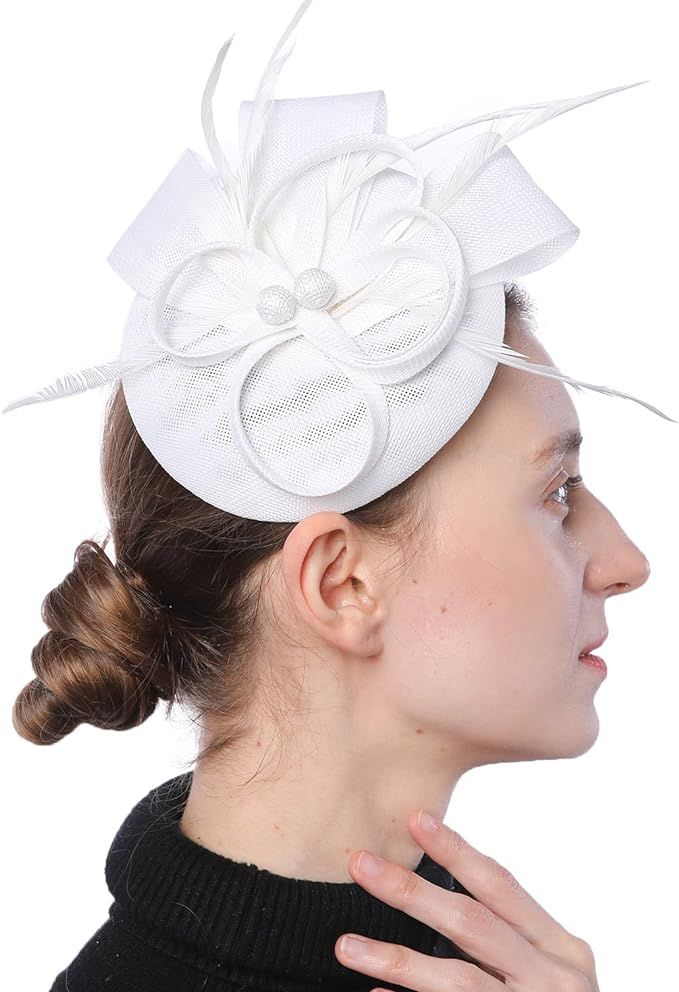 Biruil Women's Fascinator Hat Imitation Sinamay Feather Tea Party Pillbox Flower Derby | Amazon (US)