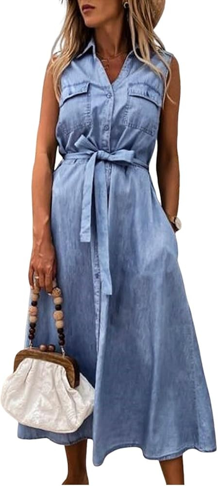 utcoco Womens Summer Casual Belted Sleeveless Denim Shirt Dresses Button A-Line Swing Jean Long D... | Amazon (US)