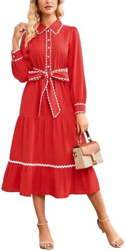 Women's Long Sleeve Midi Dress Casual V Neck Button Down RIC Rac Tiered Flowy Tie Waist Shirt Dre... | Amazon (US)