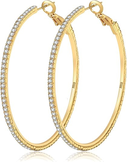 925 Sterling Silver Earrings Large Rhinestone Hoop Earrings Big Cubic Zirconia Hoop Earrings Thin... | Amazon (US)