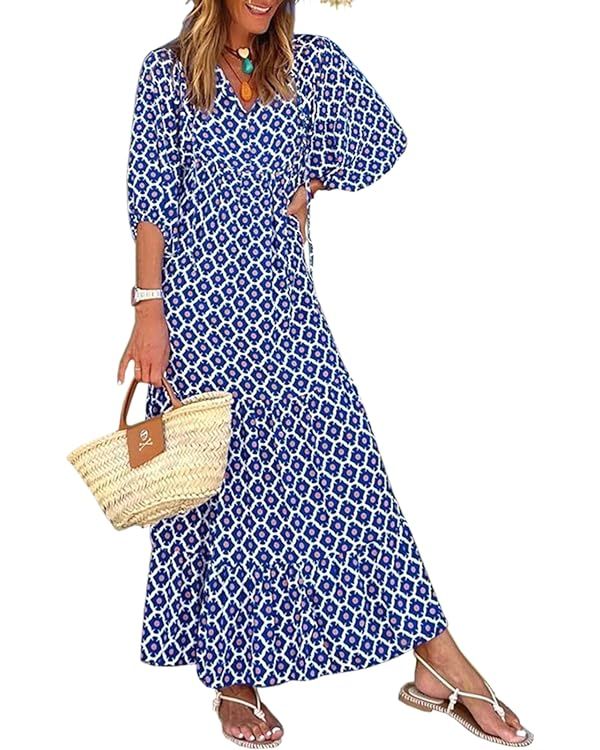 miduo Womens Loose Fit Casual Summer V Neck Half Sleeve Bohemian Geometric Pattern Maxi Long Dres... | Amazon (US)