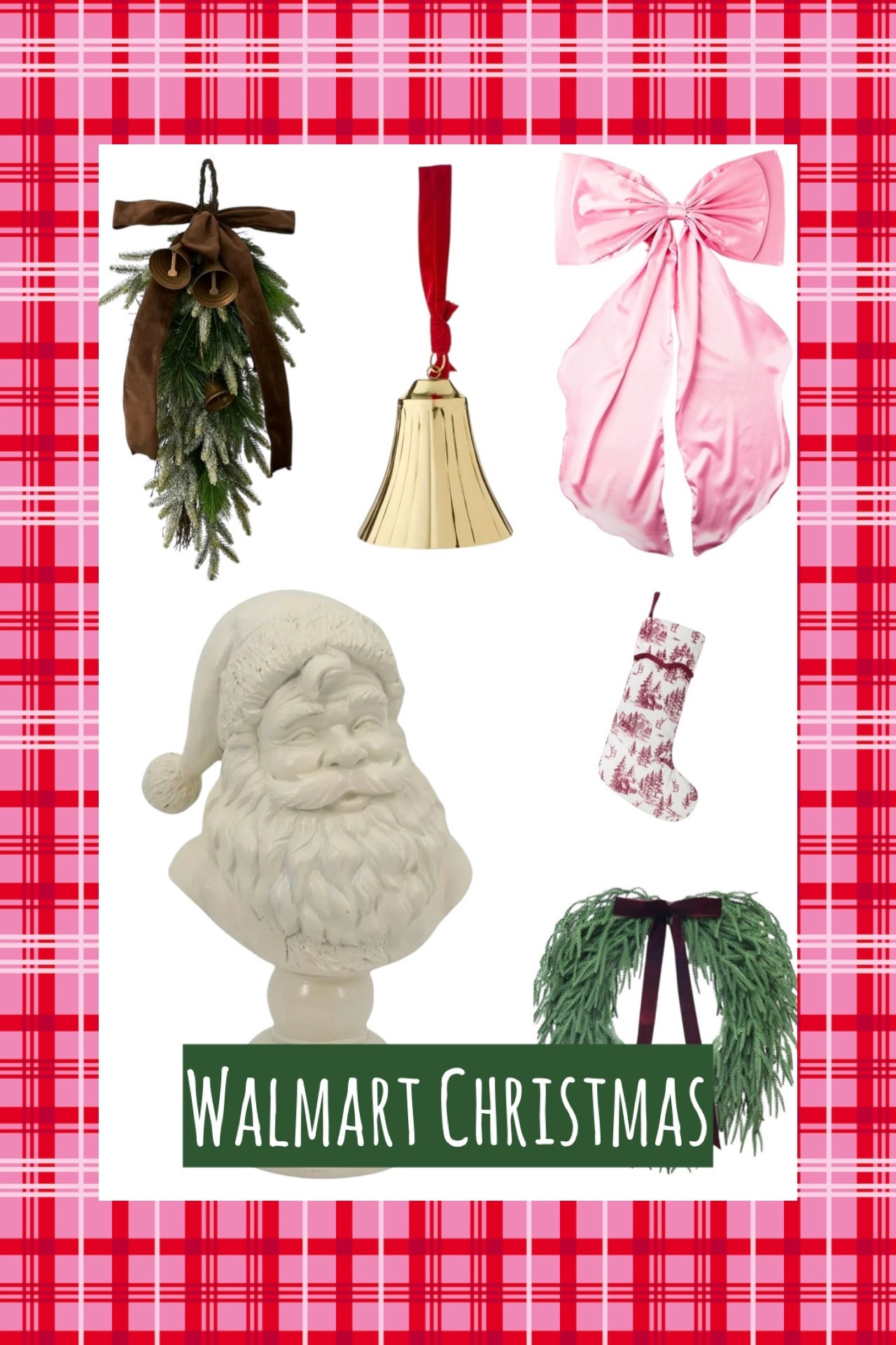 🎄✨ Bring the magic of the holidays home with these Walmart Christmas décor finds! From satin tree topper bows to velvet ribbon bells, these pieces give your space that high-end holiday look without the splurge.

💫 Featured here:
	•	Fabric satin Christmas tree topper bow 🎀 (available in pink + burgundy)
	•	Bells, bow, and greenery door hanger 🌿🔔
	•	Gold hanging bell with velvet ribbon ✨
	•	Red & ivory forest stocking 🧦
	•	Evergreen artificial cedar & Norfolk wreaths 🌲
	•	9ft natural feel garland 🍃
	•	Santa bust tabletop decoration 🎅🏼

Each piece feels classic, timeless, and perfect for mantel styling, front porch décor, or creating a cozy Christmas tablescape. These budget-friendly Walmart holiday finds make it easy to decorate your home with festive charm while staying affordable.

📌 Tap to shop these holiday must-haves before they sell out!

 Walmart Christmas décor, holiday home styling, affordable holiday decorations, Walmart holiday must-haves, satin bow tree topper, gold hanging bell ornament, Walmart garland and wreaths, Santa bust décor, Christmas mantel ideas, budget-friendly Christmas finds


#LTKFindsUnder50 #LTKHome #LTKFindsUnder100