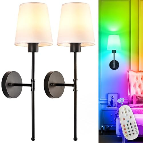 Depuley Battery Operated Wall Sconce: Set of 2 Wireless Wall Lights with Remote for Bedroom - Black Rechargeable 15 Colors RGB Halloween Wall Lamp for Living Room Hallway | Amazon (US)