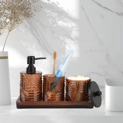 Bathroom Accessories Set,Glass Bathroom Accessories Sets Complete With Lotion Soap Dispenser,Toothbrush Holder,Qtip Holder,(Amber Brown/4 PCS) | Wayfair North America