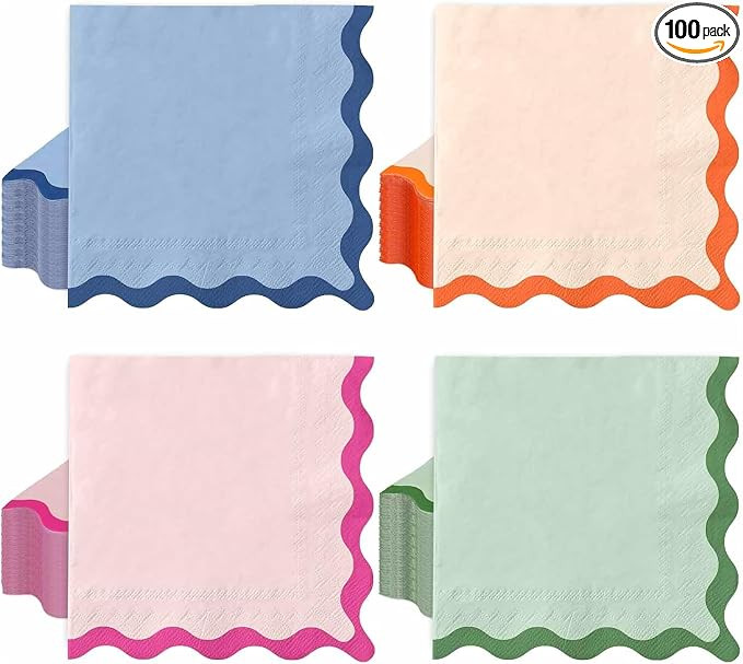 Whaline 100Pcs Scalloped Paper Luncheon Napkin Disposable Paper Napkins Blue Orange Pink Green De... | Amazon (US)