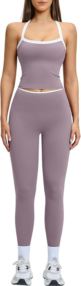 QBGJTD Womens Workout Sets Two Piece Cross Back Tank Top Matching High Waist Leggings Sets Gym Ou... | Amazon (US)