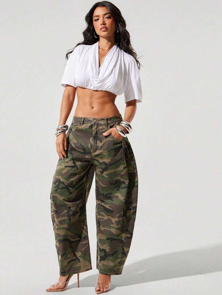 Denimoi Women's Casual Washed Camouflage Flared Jeans | SHEIN