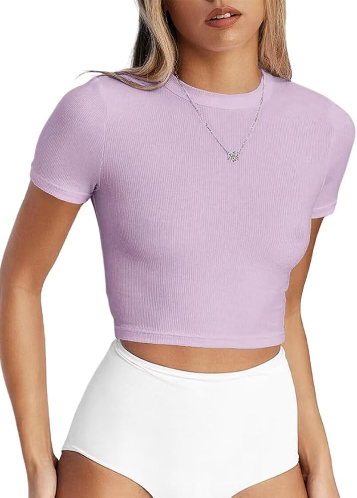 LEEDYA Womens Crop Tops Summer Short Sleeve Crew Neck Cute Basic Tees Slim Fit T Shirts 2024 Y2K | Amazon (US)