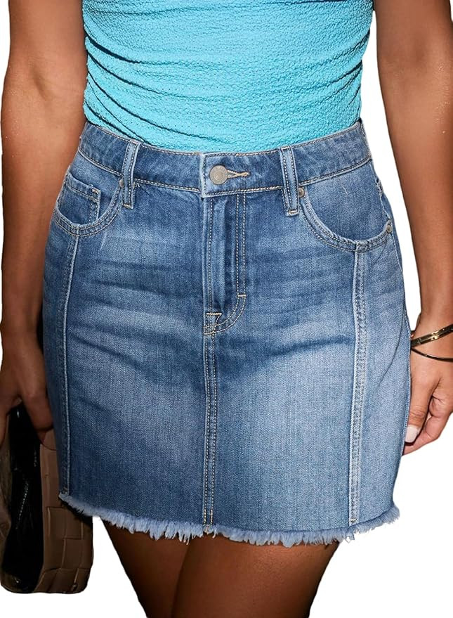 SIDEFEEL Womens Denim Skirt Casual Stretch High Waist Raw Hem Zip Fly Jean Skirt for Women | Amazon (US)