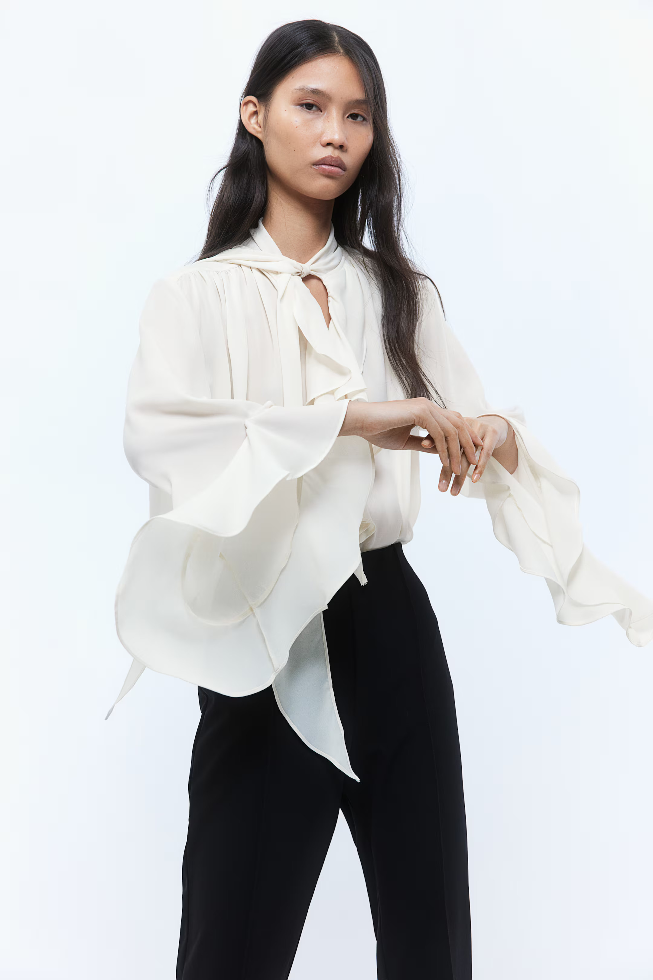 Flounce-Trimmed Tie-Neck Blouse | H&M (US + CA)