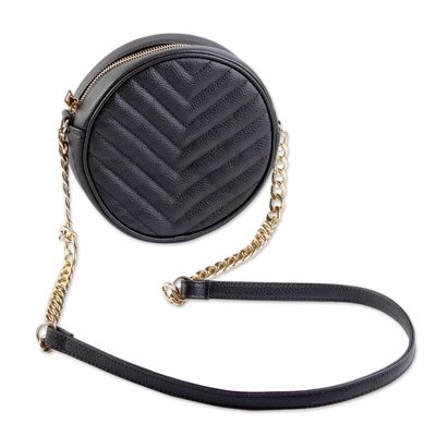 Round Black Leather Sling Shoulder Bag from Mexico | NOVICA