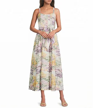 Floral Landscape Print Square Neck Tank Strap Self Tie Belt A-Line Maxi Dress | Dillard's