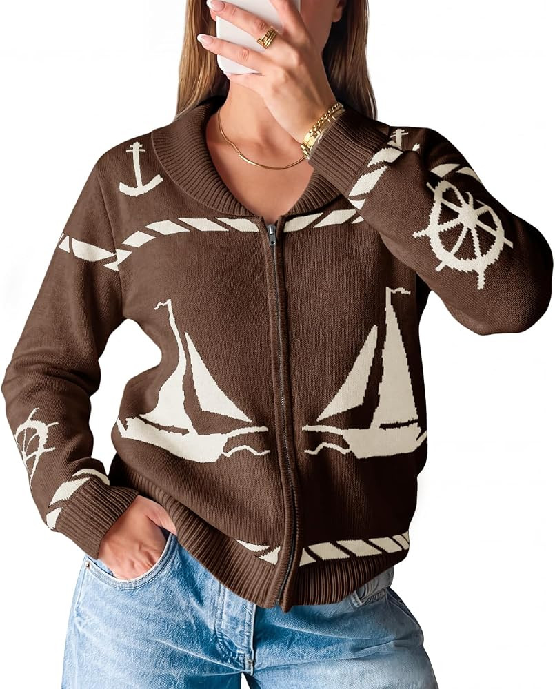 Saodimallsu Women Zip Up Collared Sweater Jacket Nautical Inspired Cardigan | Amazon (US)