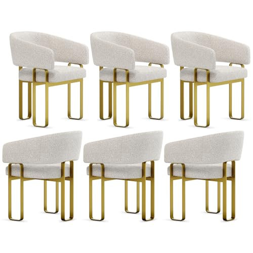 jajaplus Dining Chairs Set of 6, Off White Boucle Upholstered Kitchen & Dining Room Chairs with Armrest, U-Shaped Brushed Gold Metal Legs | Amazon (US)