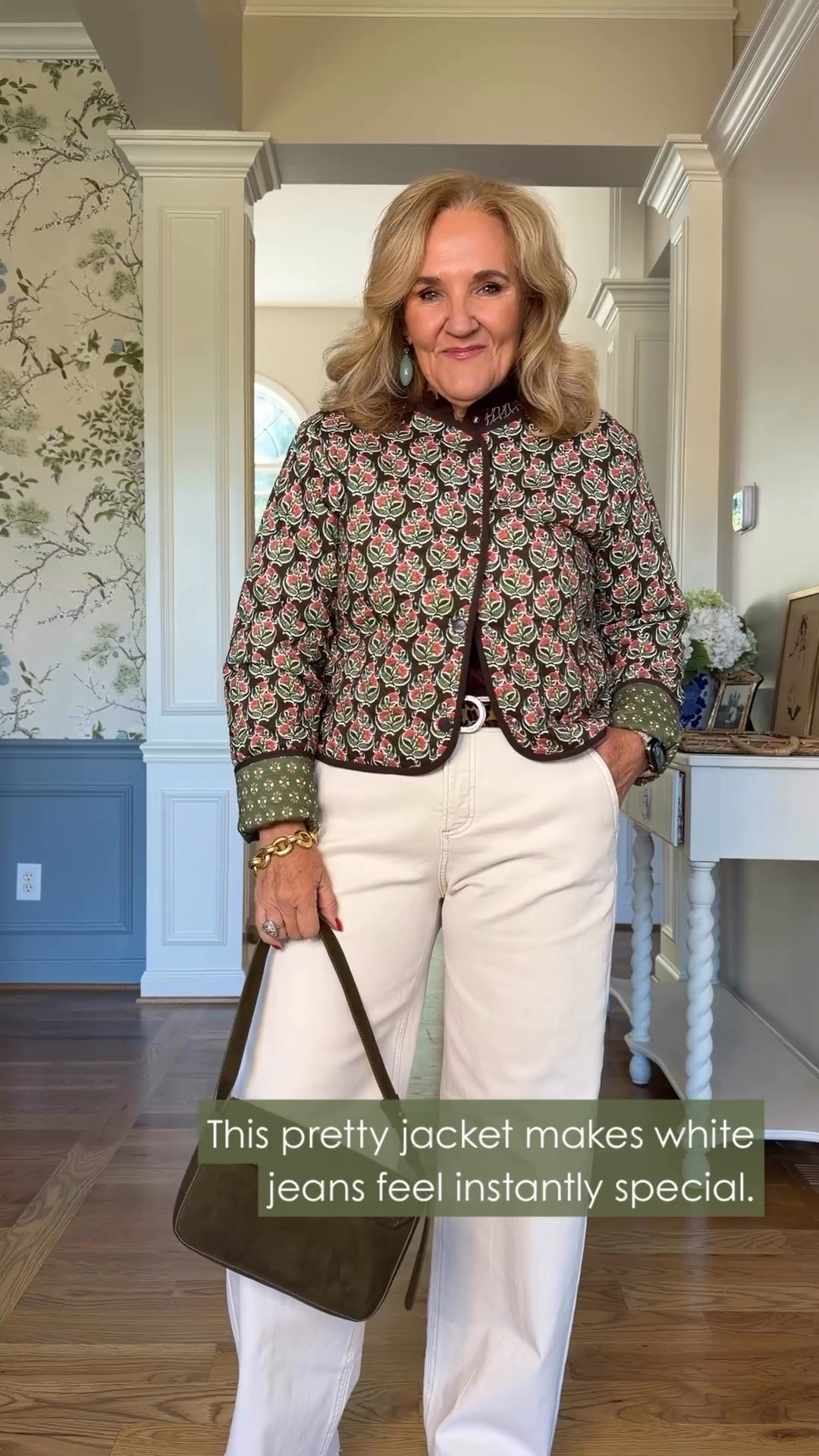 This floral jacket has so much personality, and I'm wearing a medium in the top and a size 29 in the jeans. Use code NANETTE15 for 15% off new arrivals at Avara, valid for one order.