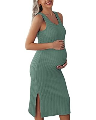 Ekouaer Maternity Dress Rib Knit Side Slit Stretchy Bodycon Pregnancy Dresses Halter Neck Sleevel... | Amazon (US)