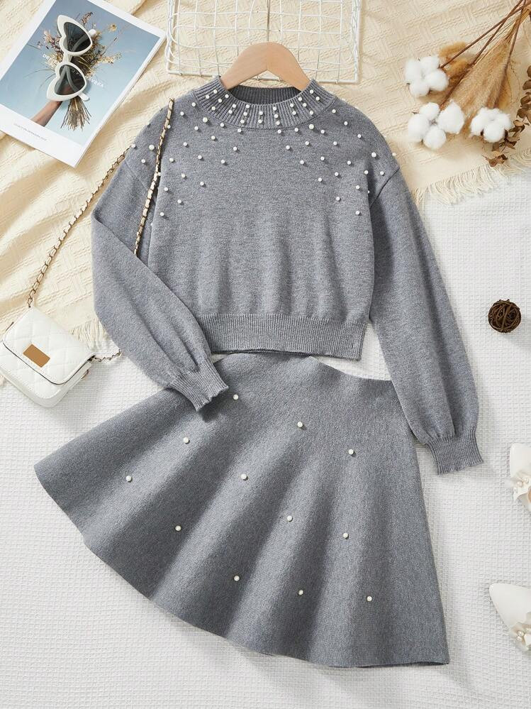 SHEIN Tween Girl Casual Beaded Loose Fit Turtleneck Sweater And Elegant Ruffle Hem Midi Skirt Set, Floral Gray,In Fall/Winter | SHEIN