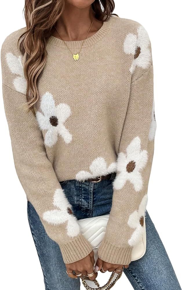 SHENHE Women's Crewneck Drop Shoulder Cloud Pattern Casual Sweater Pullover Jumper | Amazon (US)