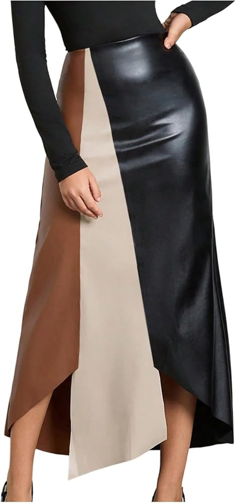 GORGLITTER Women's Leather Long Skirt High Waisted Patchwork Asymmetrical Hem A Line Bodycon Maxi... | Amazon (US)