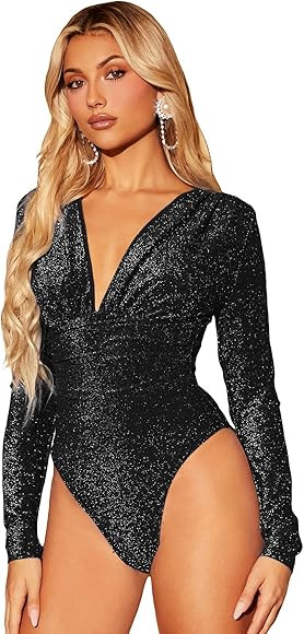 WDIRARA Women's Polka Dots Sheer Dobby Mesh Square Neck Long Sleeve Skinny Bodysuit | Amazon (US)