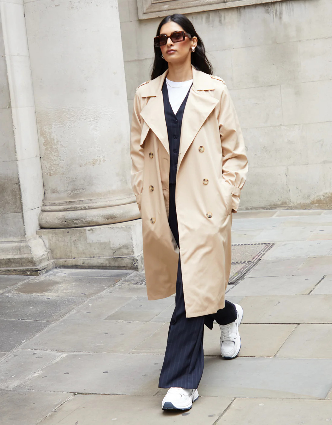 Women's Stone Double Breasted Trench Coat | Threadbare