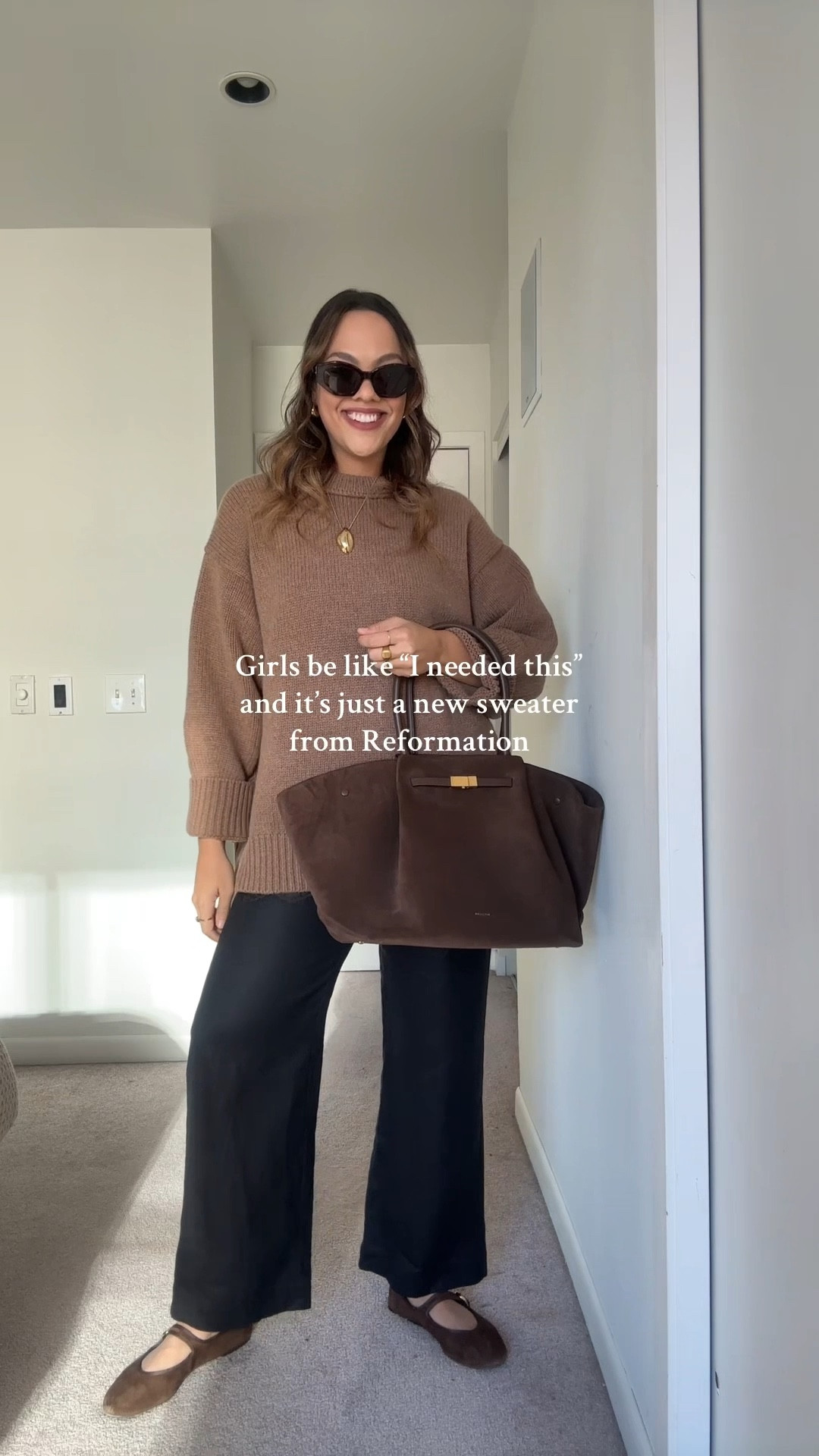 Outfit idea!

-Reformation tan crewneck sweater, I have a size large.
-Zara chocolate brown lace cami, I have a size large.
-Reformation black linen cropped pants, I have a size 8.
-Banana Republic gold pendant necklace. 
-Demellier London brown suede tote bag.
-Zara brown suede Mary Jane Flats.
-Celine Triomphe sunglasses.

#LTKwinter #LTKstyletip #LTKfall