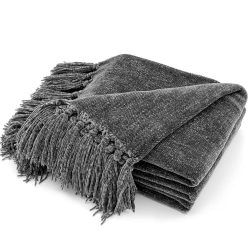 RECYCO Throw Blanket Soft Cozy Chenille Throw Blanket with Fringe Tassel for Couch Sofa Chair Bed Living Room Gift (Dark Gray, 50" x 60") | Amazon (US)