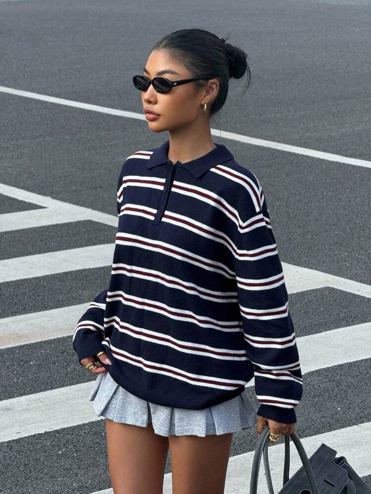 Muchica Women's Casual Everyday Striped Polo Collared Long Sleeve Sweater,Back To School ,Fall / Winter Clothes For Women,Blockette Style | SHEIN