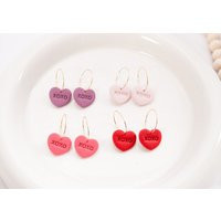 Valentine's Day Conversation Heart Hoops | Xo Handmade Hearts Dangle Polymer Clay Cute Candy Earring Hypoallergenic Jewelry | Etsy (US)