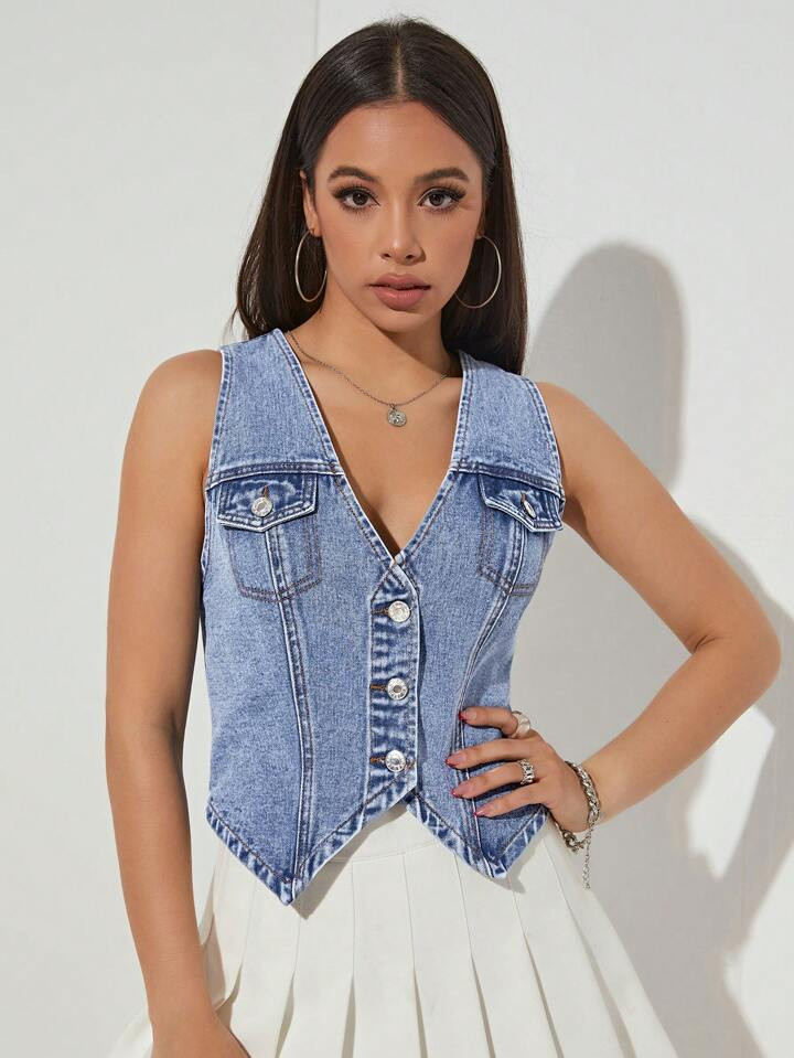 SHEIN Flap Pocket Button Front Vest Denim Top | SHEIN