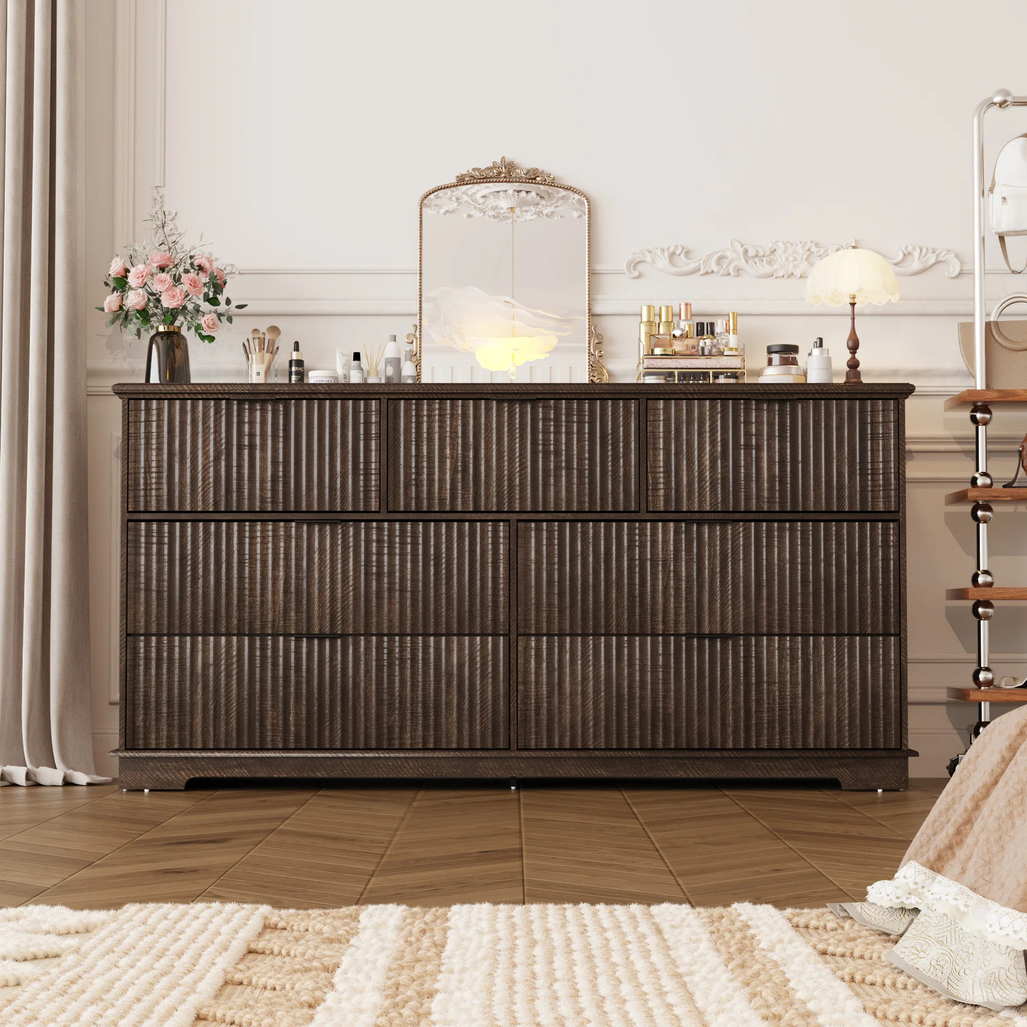 Modern Farmhouse 7 Drawer Dresser With Charging Station, 55" Wide Fluted Dresser Wooden Storage C... | Wayfair North America