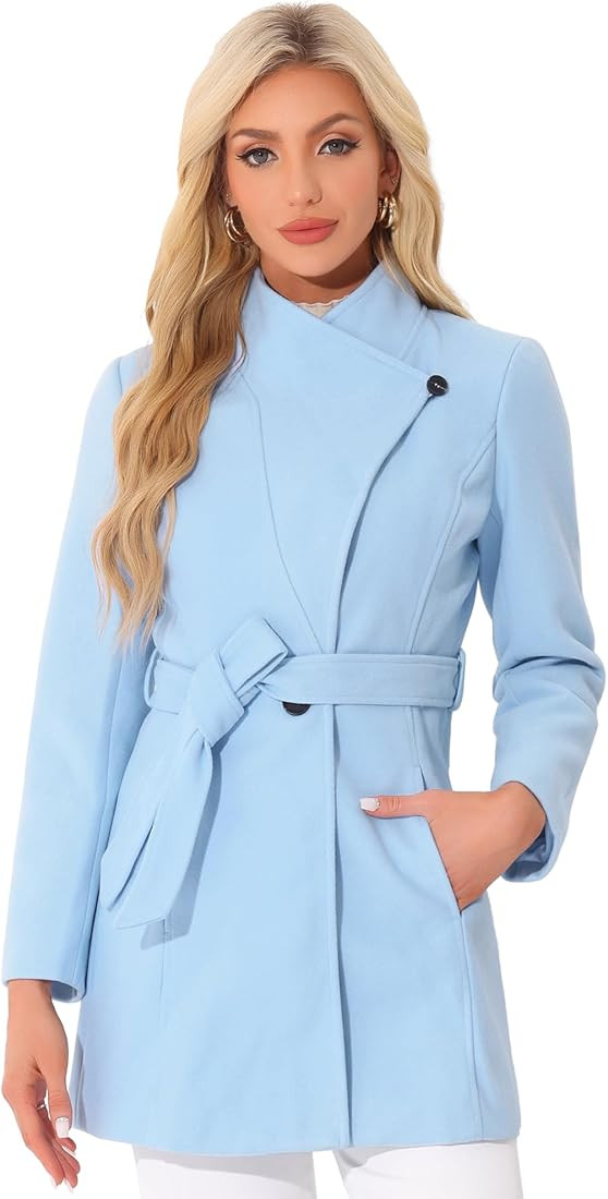 Allegra K Women's Classic Stand Collar Long Sleeve Winter Belted Long Coat | Amazon (US)