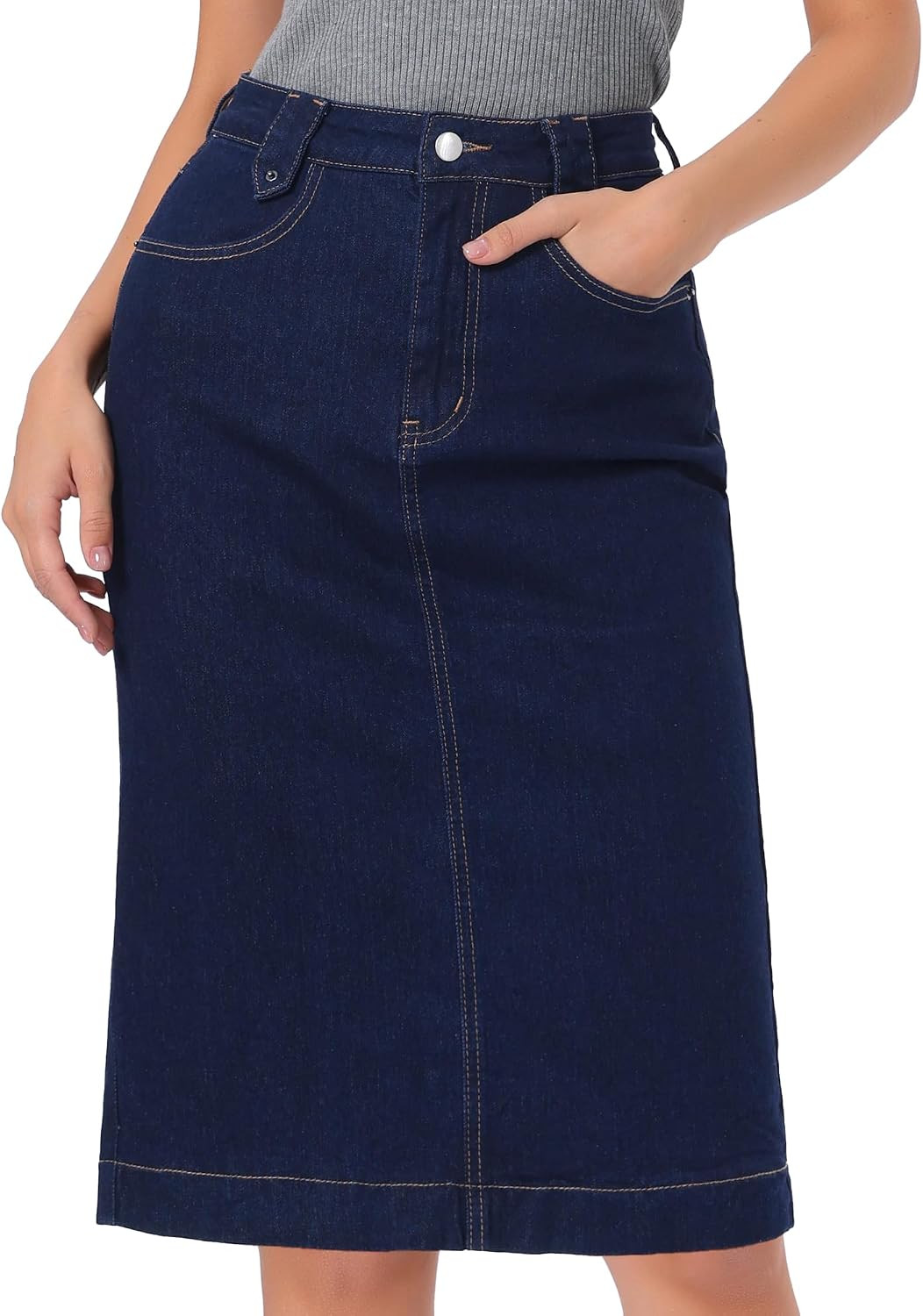 Allegra K Denim Skirt for Women High Waist Split Back Pockets Knee Length Pencil Skirt | Amazon (US)