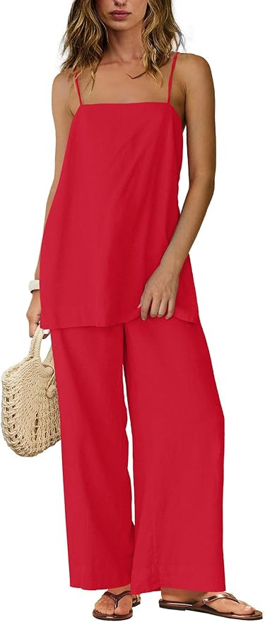 SENSERISE Womens Linen Set Two Piece Set Summer Beach Vacation Outfits Spaghetti Strap Tank Top a... | Amazon (US)