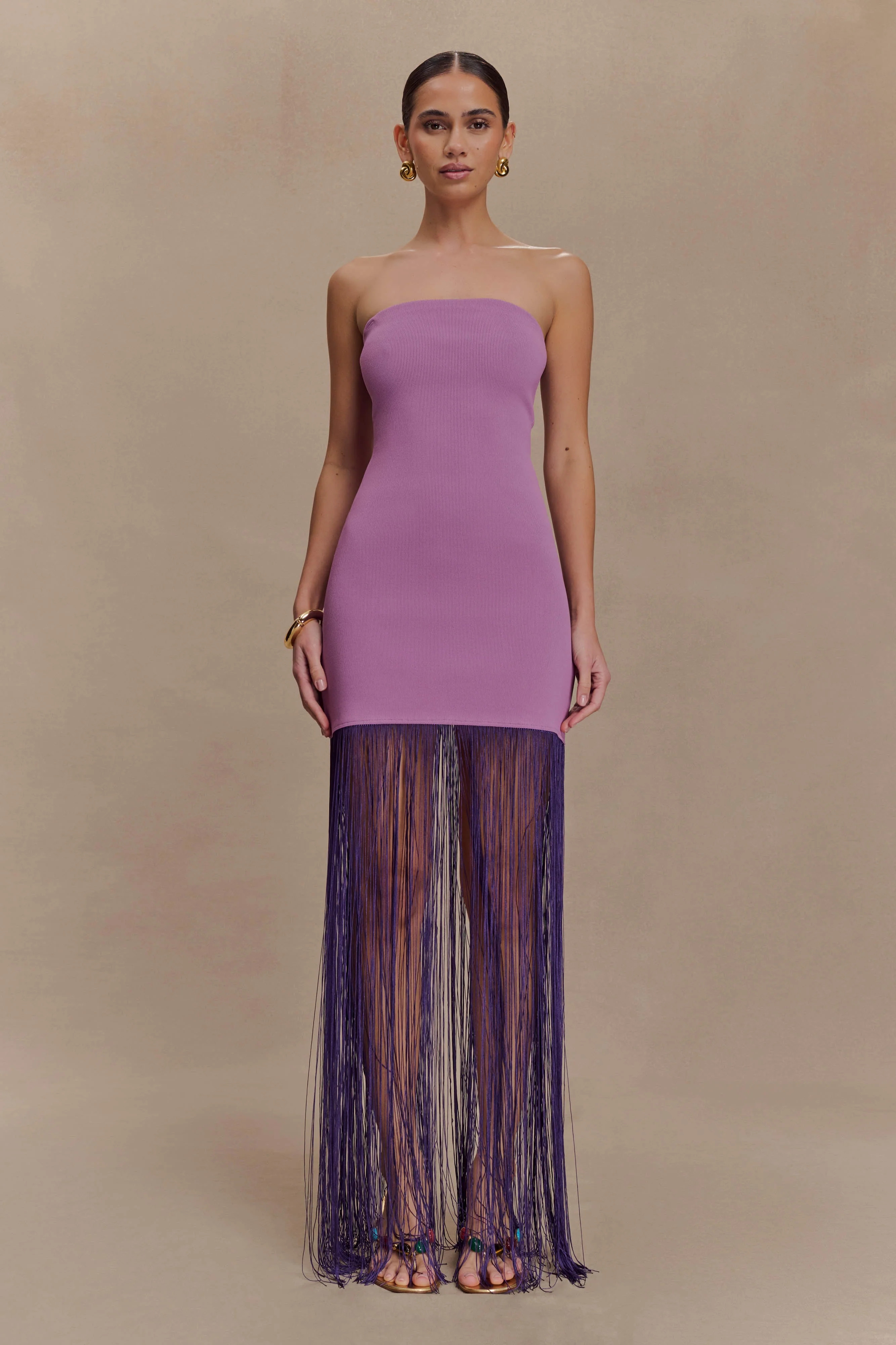 Koah Fringe Bandage Knit Maxi Dress - Purple | MESHKI US