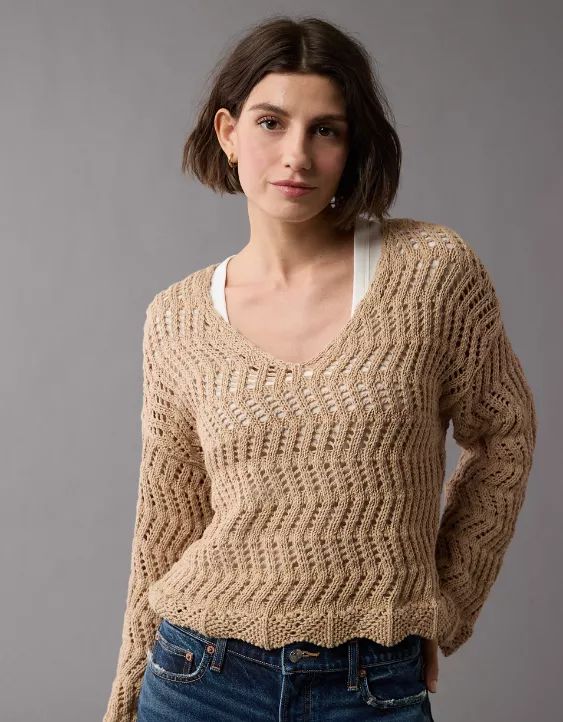 AE Crochet V-Neck Sweater | American Eagle Outfitters (US & CA)