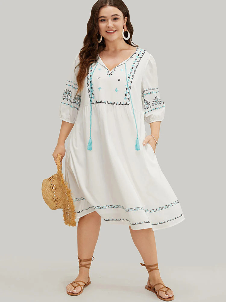 Bandana Print Tassels Lantern Sleeve Pocket Midi Dress | Bloomchic