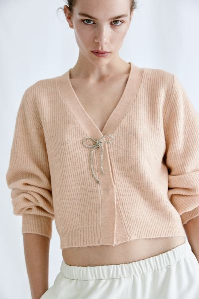 Rhinestone-bow cardigan - Cream - Ladies | H&M GB | H&M (UK, MY, IN, SG, PH, TW, HK)