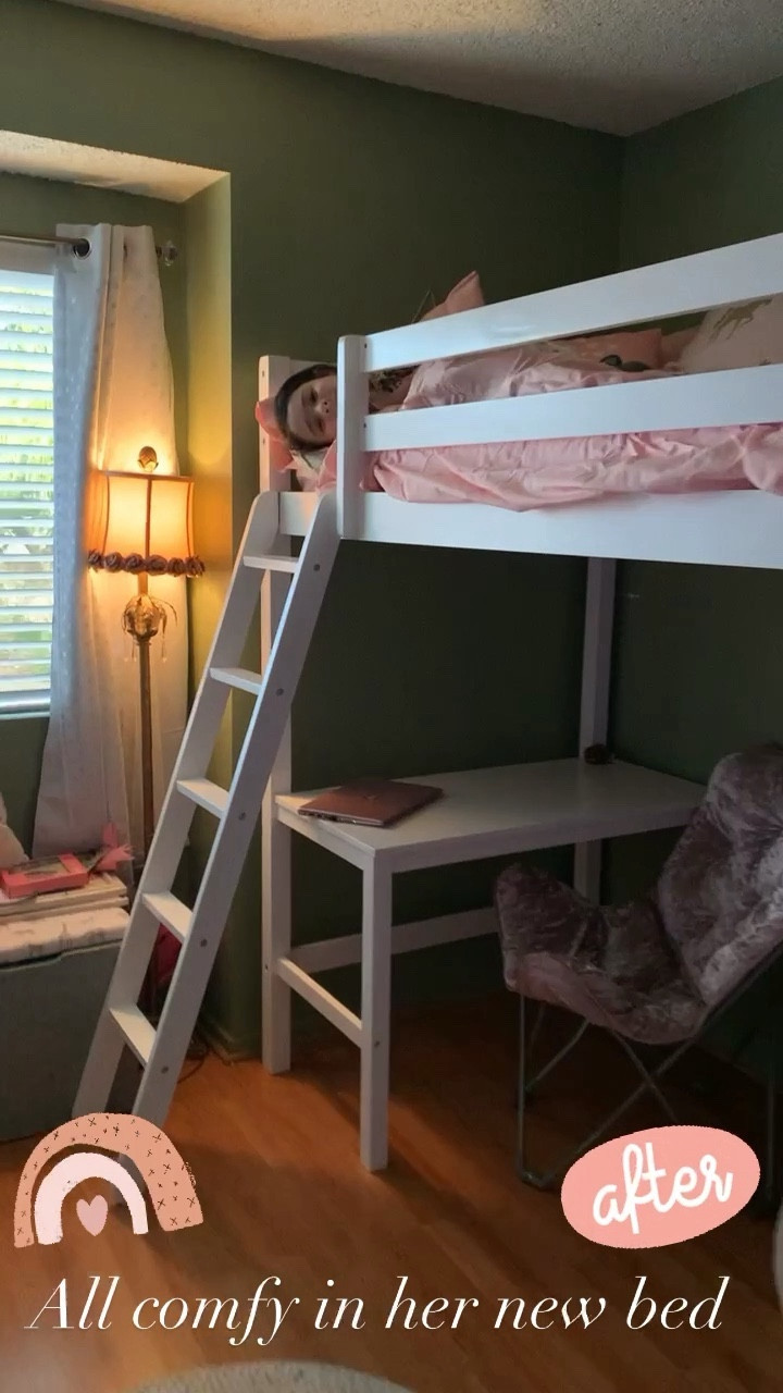 Loft bed with a built in desk! This is perfect for kids that homeschool or as a work space for arts and crafts, or for older kids/ teens

Sharing some girly bedroom inspo!

#LTKhome #LTKsalealert #LTKkids