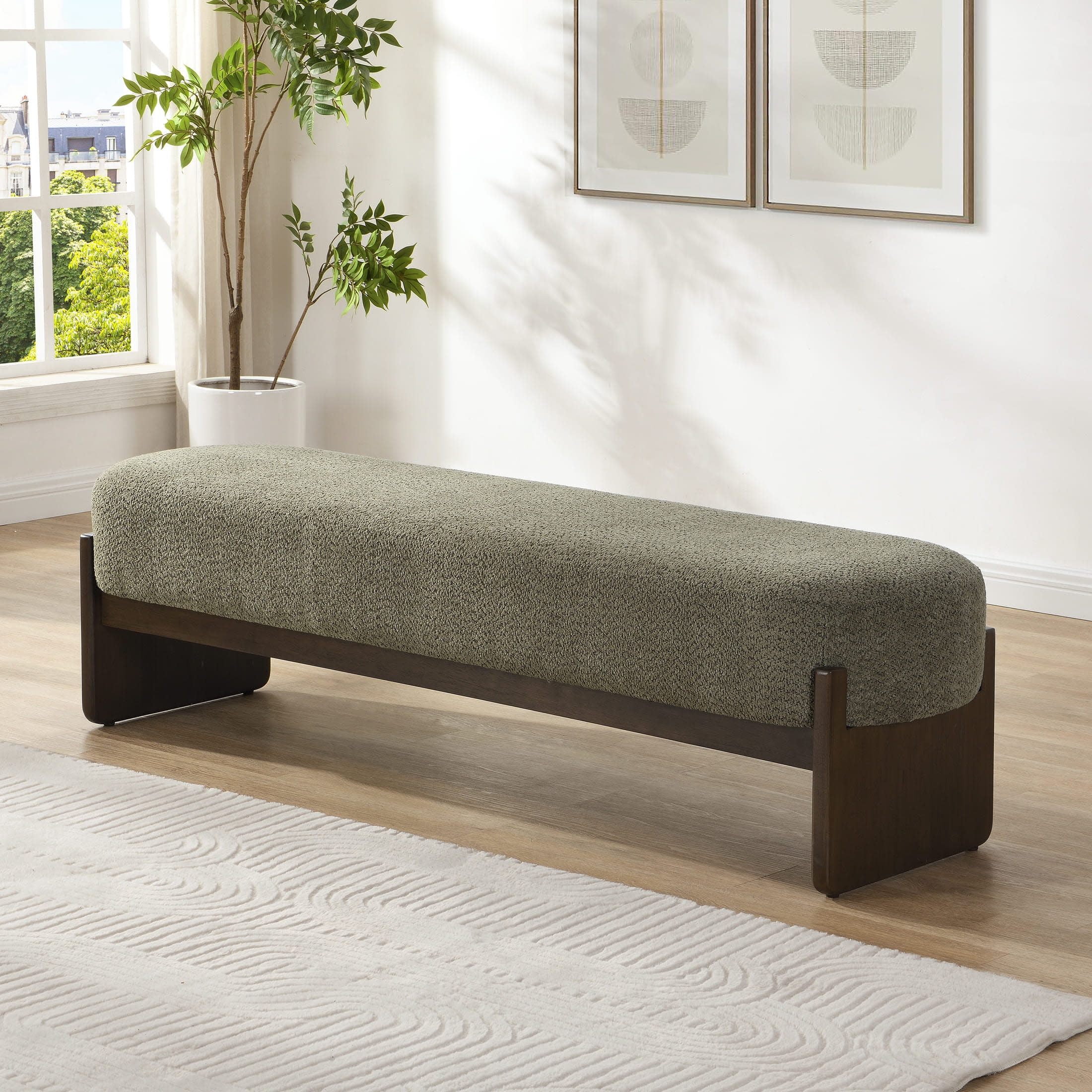 Christopher Knight Home Loop Yarn Rectangle Ottoman Bench with Brown Wooden Legs and Dark Green U... | Walmart (US)