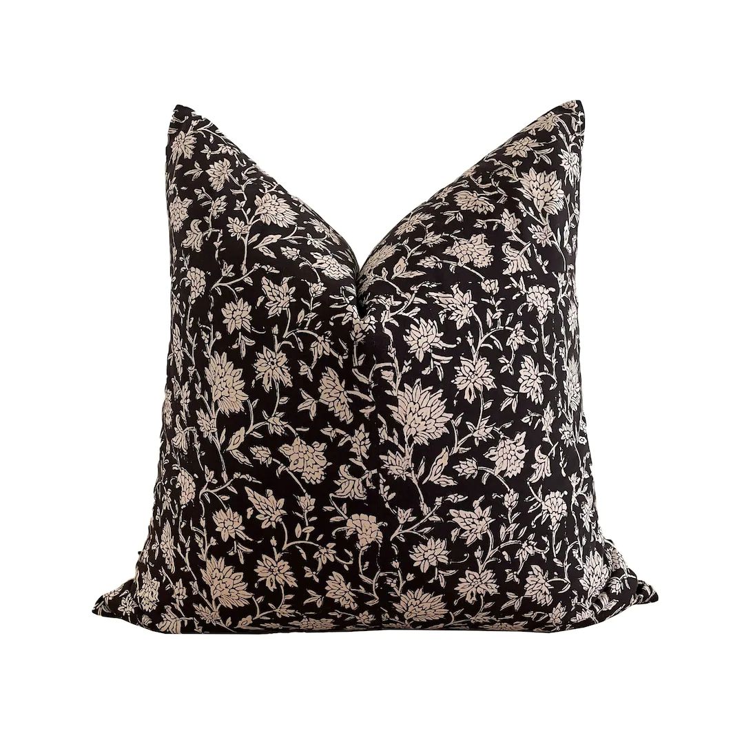 Block Print Floral Pillow Cover, Cotton Tan and Black Floral Pillow, XL lumbar Pillow, Modern Far... | Etsy (US)