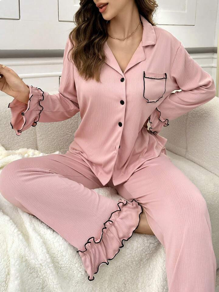 Ruffled Textured Fabric Collared Open Front Contrast Trim Pajama Set - Pink | SHEIN