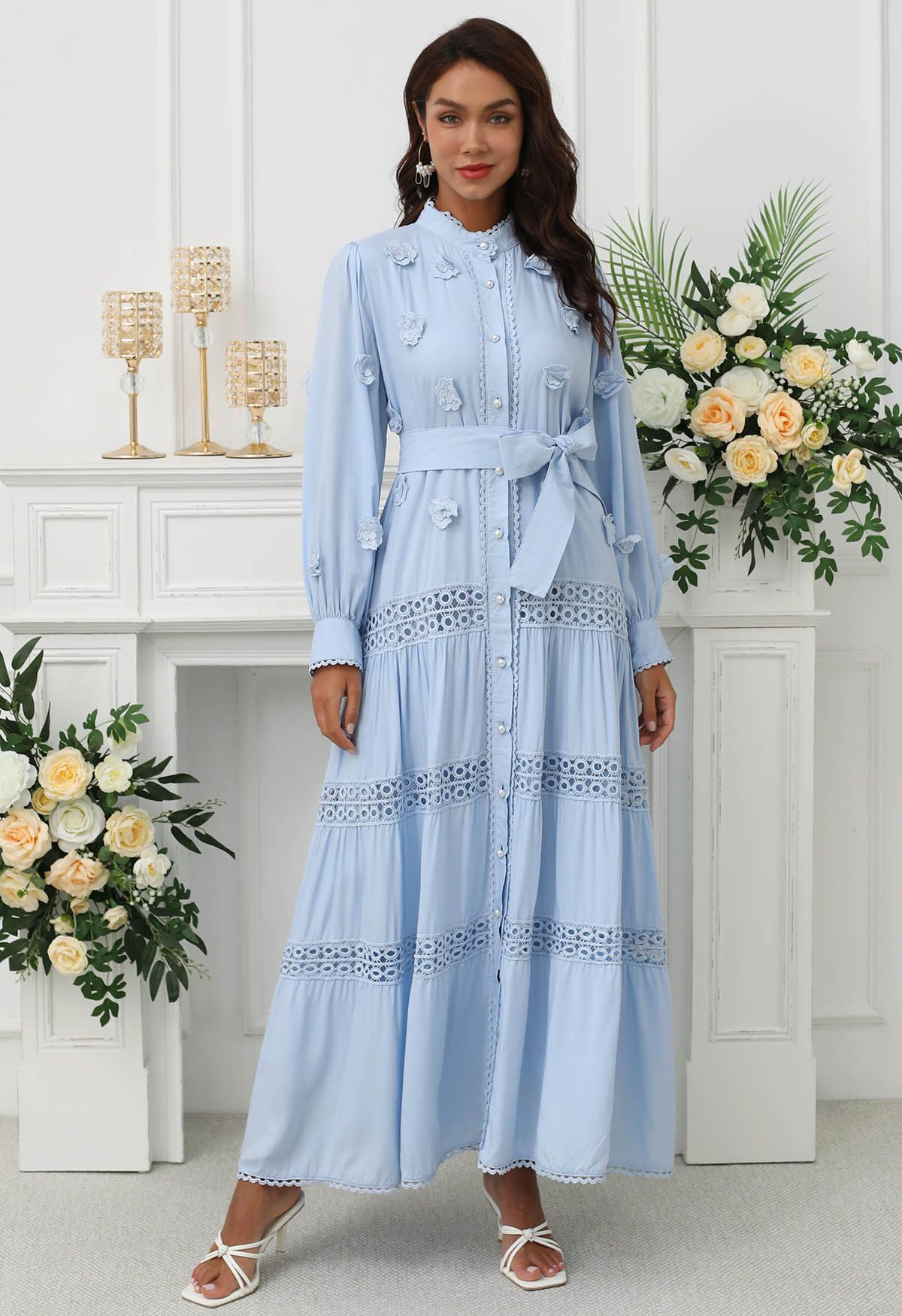 3D Floret Embellished Cutwork Lace Button Down Maxi Dress in Blue | Chicwish