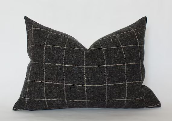 Charcoal Lumbar Pillow, Windowpane Pillow Cover, Black Lumbar Pillow Cover 12x20, Dark Grey Lumba... | Etsy (US)