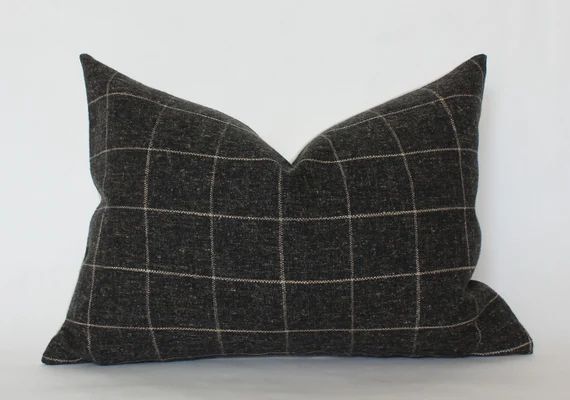 Charcoal Lumbar Pillow, Windowpane Pillow Cover, Black Lumbar Pillow Cover 12x20, Dark Grey Lumba... | Etsy (US)