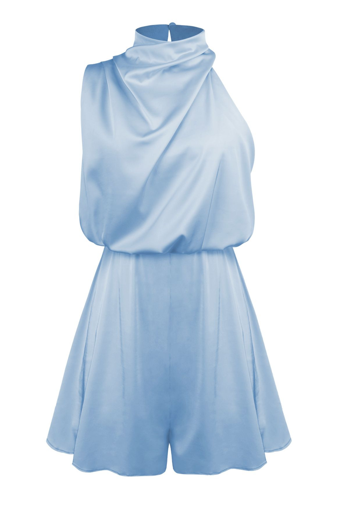 Satin Asymmetric Ruched Neckline Sleeveless Playsuit in Blue | Chicwish