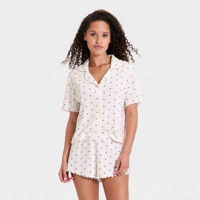 Women's Notch Collar Shirt and Shorts Pajama Set - Wild Fable™ Cream Dot M | Target