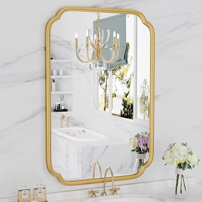 Gold Bathroom Mirror for Wall 20" x 30" Modern Rounded Corner Rectangle Mirror with Non-Rusting I... | Amazon (US)